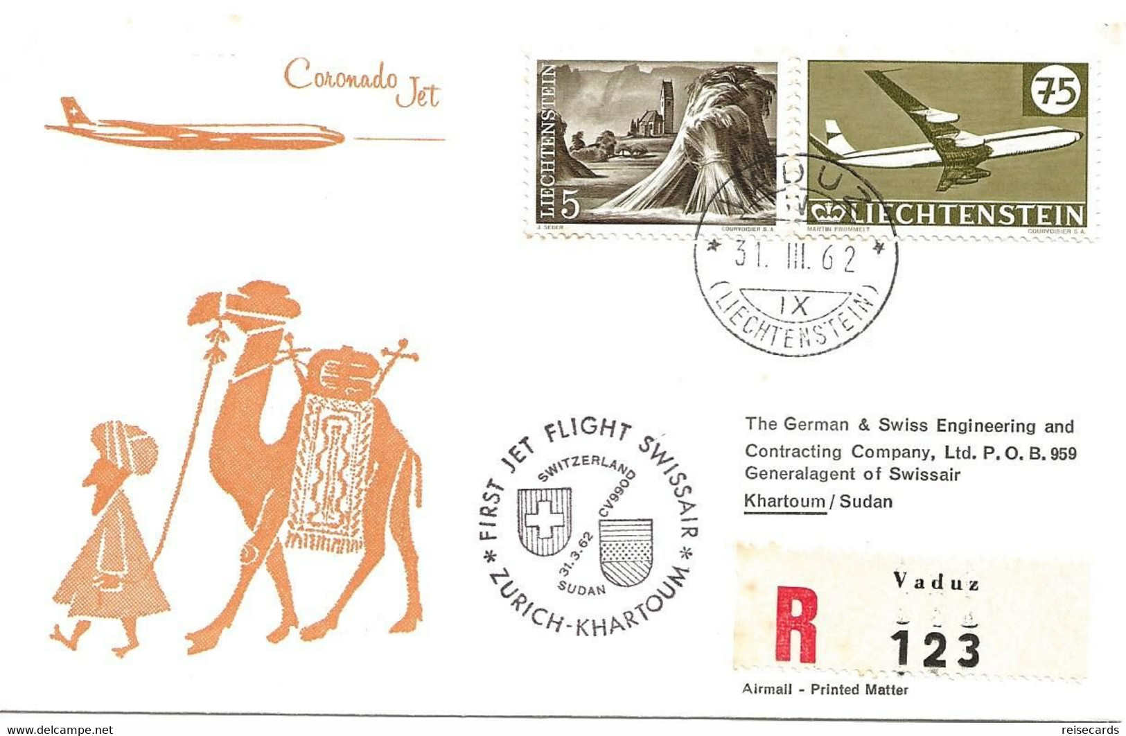 Liechtenstein: 1962 Swissair Air Mail Brief Zürich - Khartoum - Brieven En Documenten
