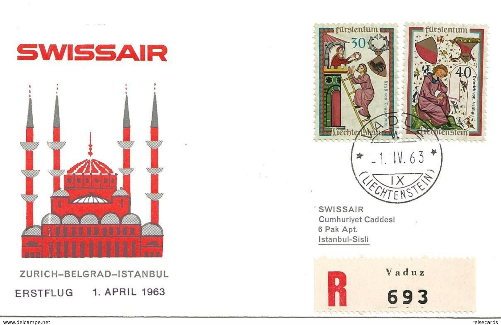 Liechtenstein: 1963 Swissair Air Mail Brief Zürich - Istanbul - Cartas & Documentos