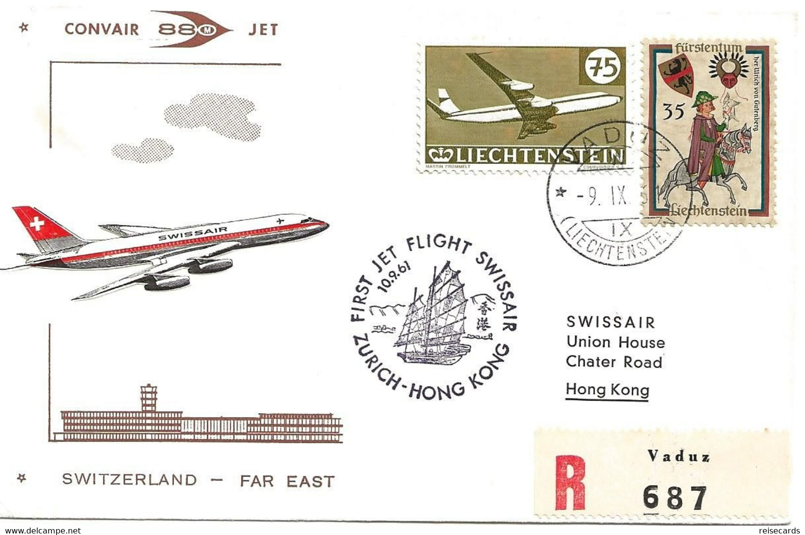 Liechtenstein: 1961 Swissair Air Mail Brief Zürich - Hong Kong - Storia Postale