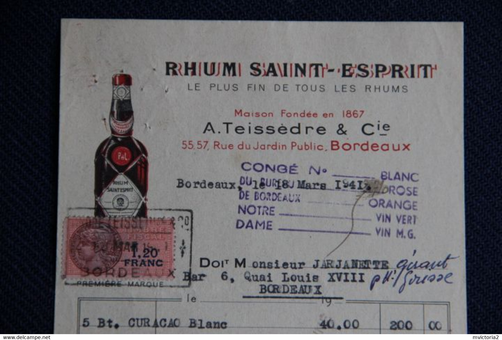 Facture Ancienne : BORDEAUX, RHUM SAINT ESPRIT. - 1900 – 1949