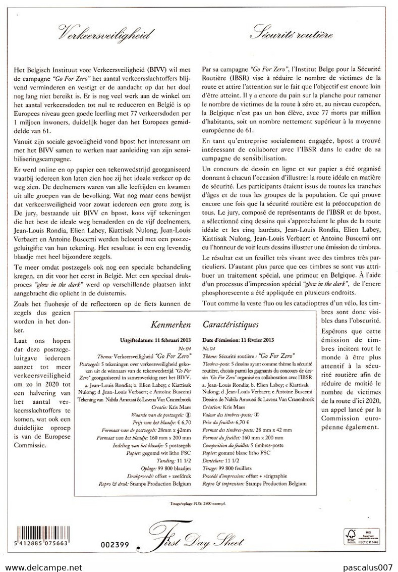 13 4307 4311 BL 204  2013-05 Belgique  FDS First Day Sheet FR NL Europa Europa Sécurité Routière Go For Zero  11-2-2013 - 2011-2014