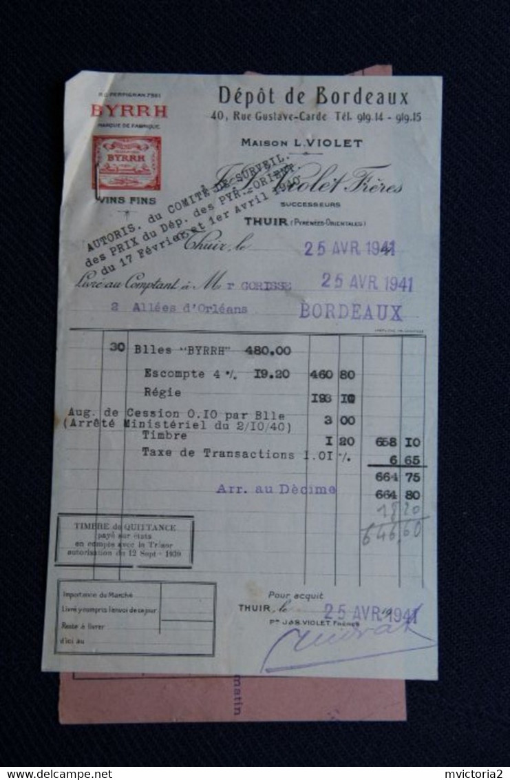 Facture Ancienne : THUIR, Maison Violet, Vins Fins " BYRRH ". - 1900 – 1949