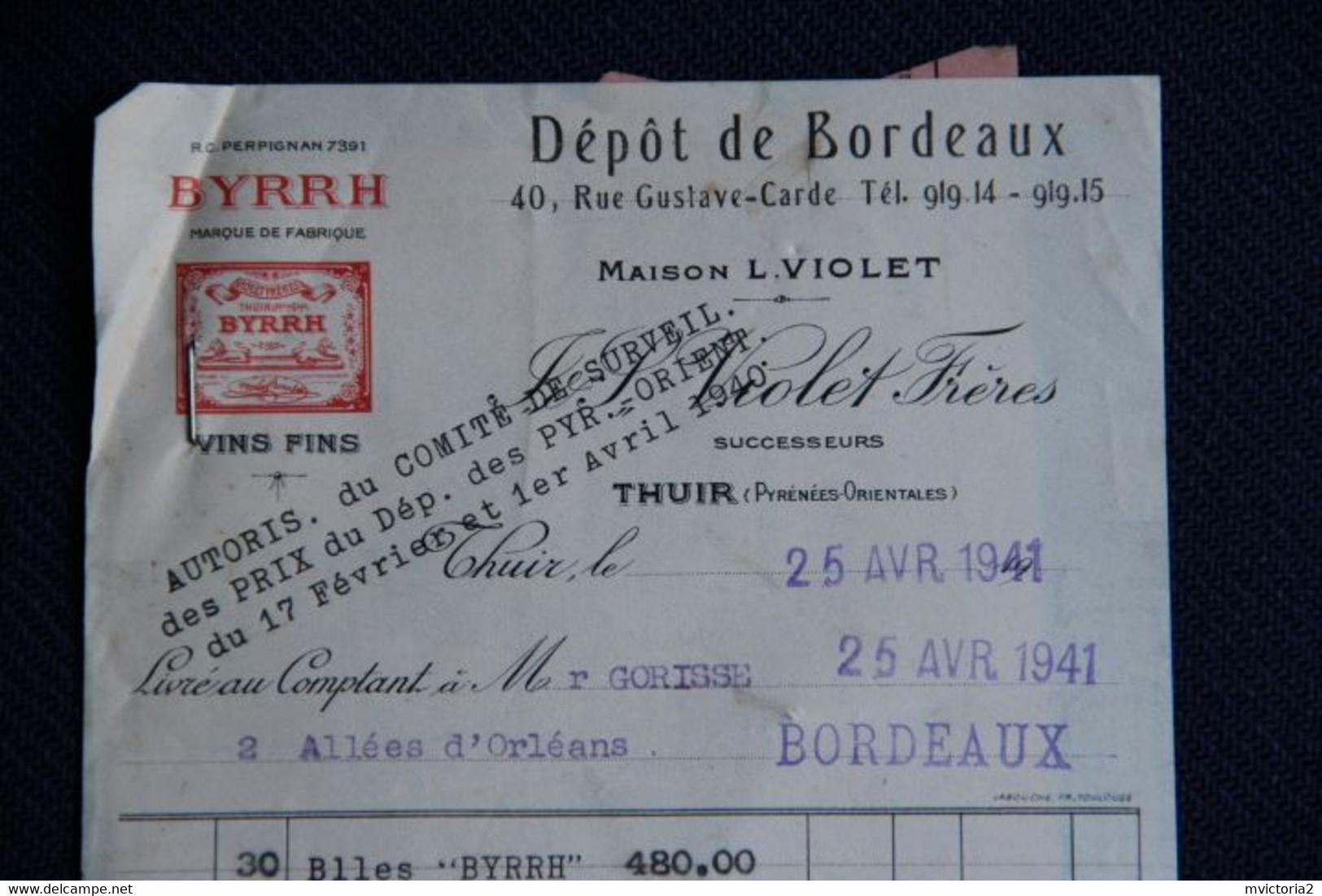 Facture Ancienne : THUIR, Maison Violet, Vins Fins " BYRRH ". - 1900 – 1949