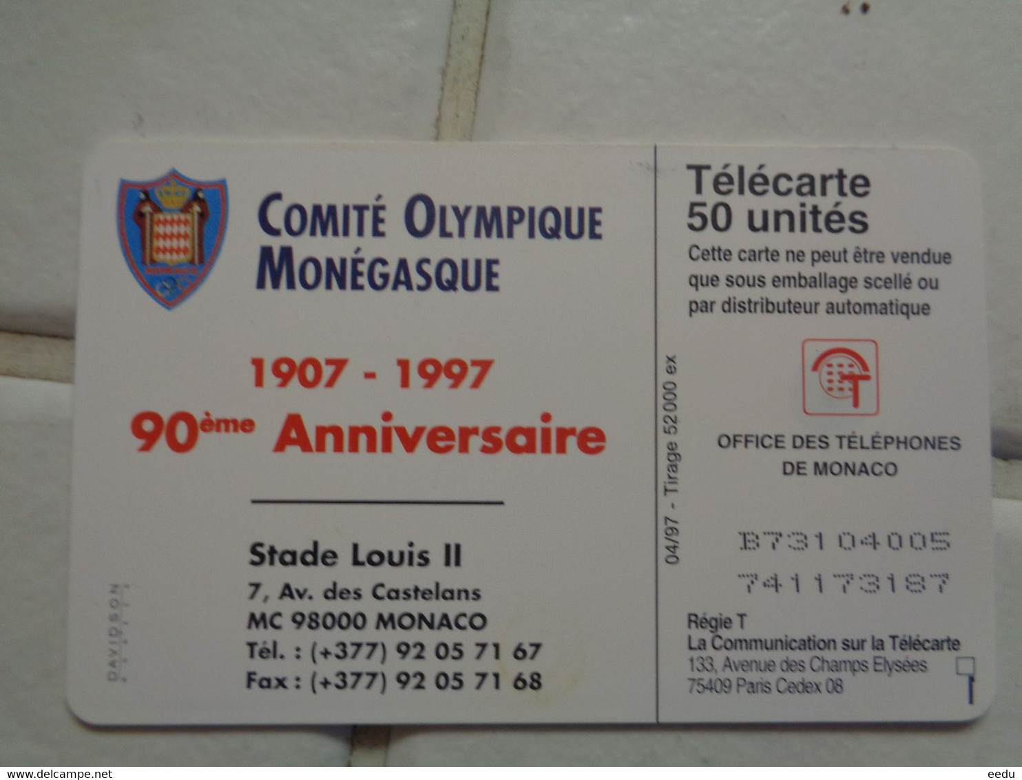 Monaco Phonecard - Olympic Games