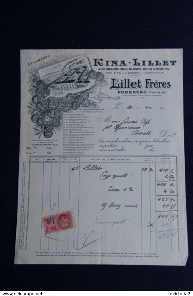 Facture Ancienne : PODENSAC , KINA LILLET, Aux Grands Vins De La Gironde. - 1900 – 1949