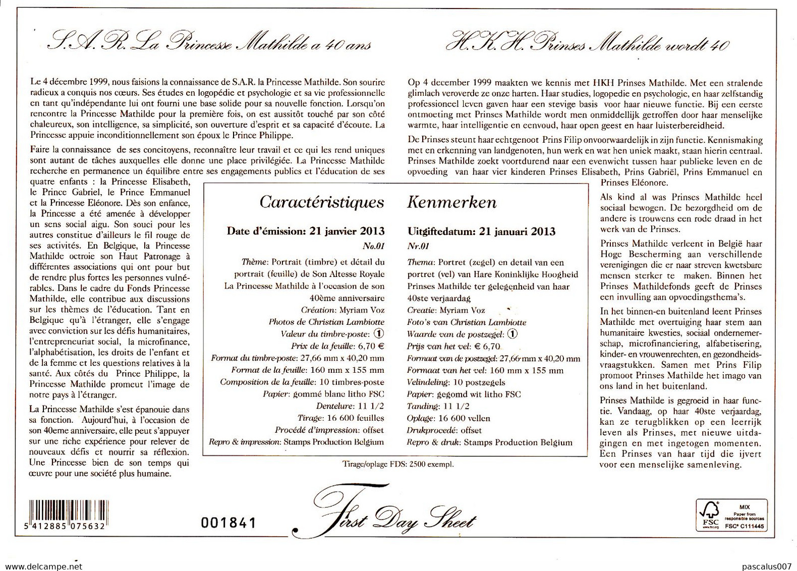 13 4293  F   2013-01 Belgique  FDS First Day Sheet FR NL Dynastie Royal Couronne 40 Ans Princesse Mathilde  21-1-2013 07 - 2011-2014