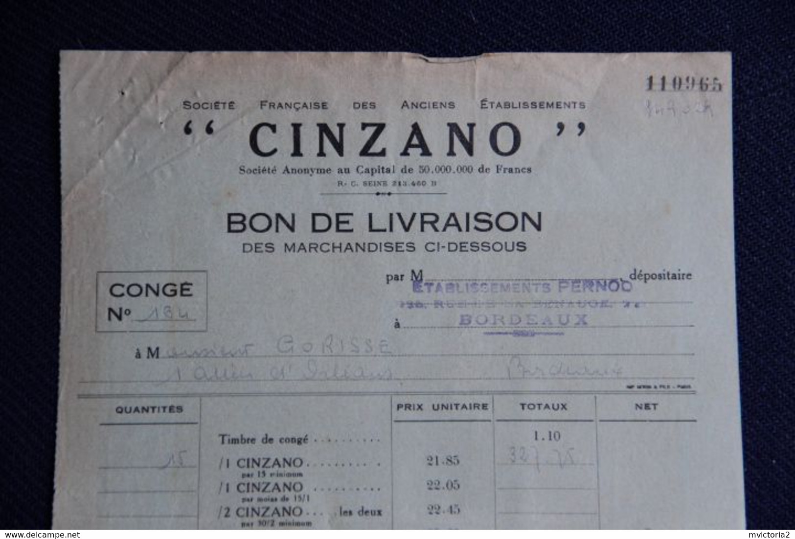 Facture Ancienne : BORDEAUX, Etablissement PERNOD, Bon De Livraison CINZANO - 1900 – 1949