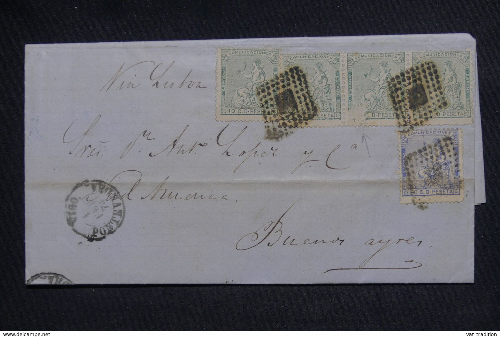 ESPAGNE - Lettre Pour Buenos Aires En 1874, Affranchissement Allégorique 10ct En Bande De 3 + 1 + 50ct - L 136614 - Briefe U. Dokumente