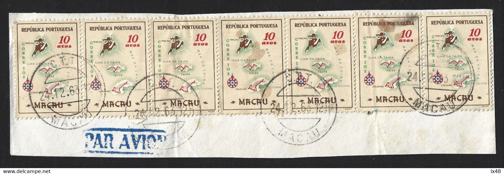 Block Seven Stamps Of Macao. Stylized Map Of The Islands Of Macau, Taipa And Coloane. Macau Obliteration 1963. - Cartas & Documentos