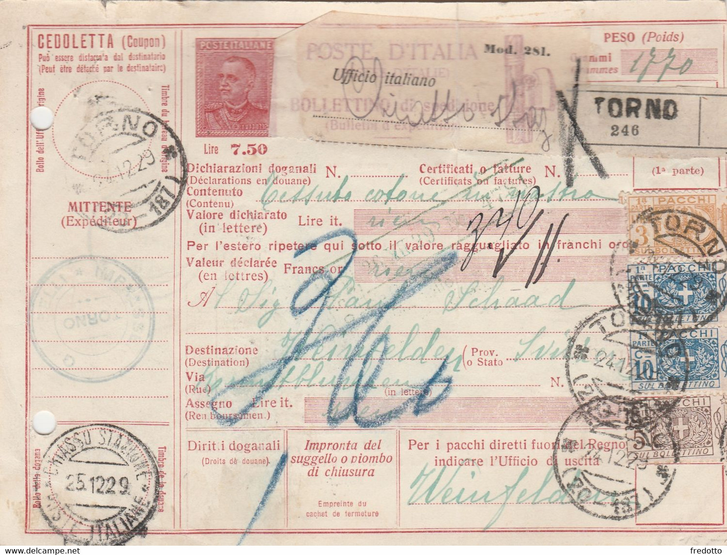 Torno-Italien- Paketkarte 1929 - Colis-postaux