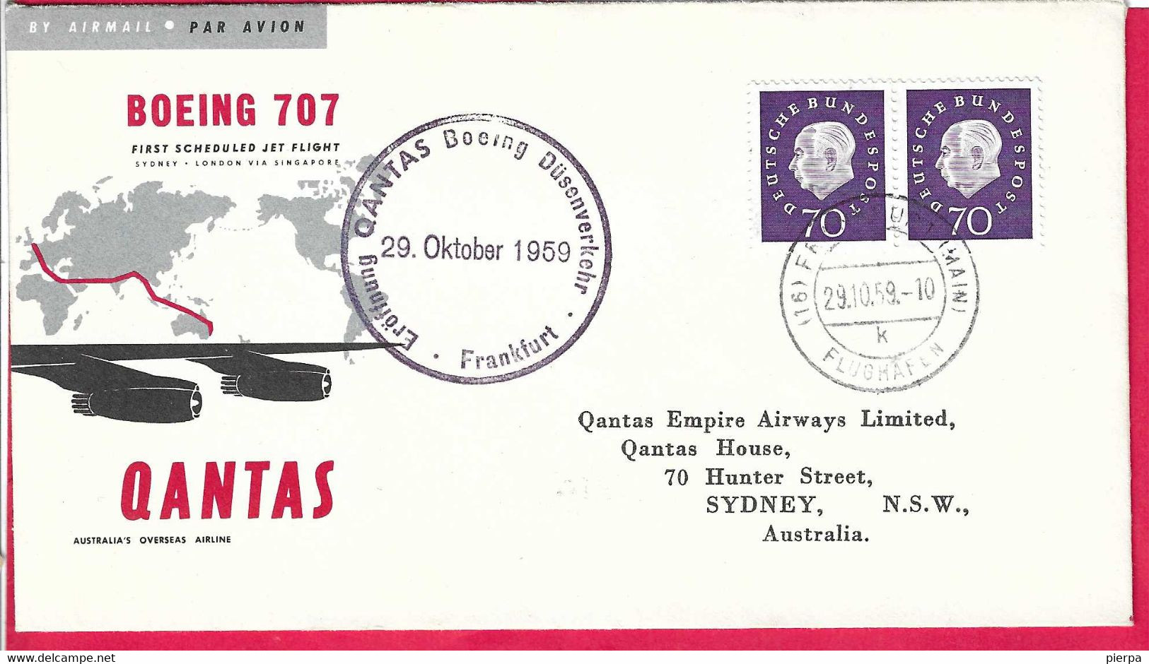 AUSTRALIA - FIRST JET FLIGHT QANTAS ON B.707 FROM FRANKFURT AM MAIN TO SIDNEY *29.10.1959 *ON OFFICIAL ENVELOPE - First Flight Covers