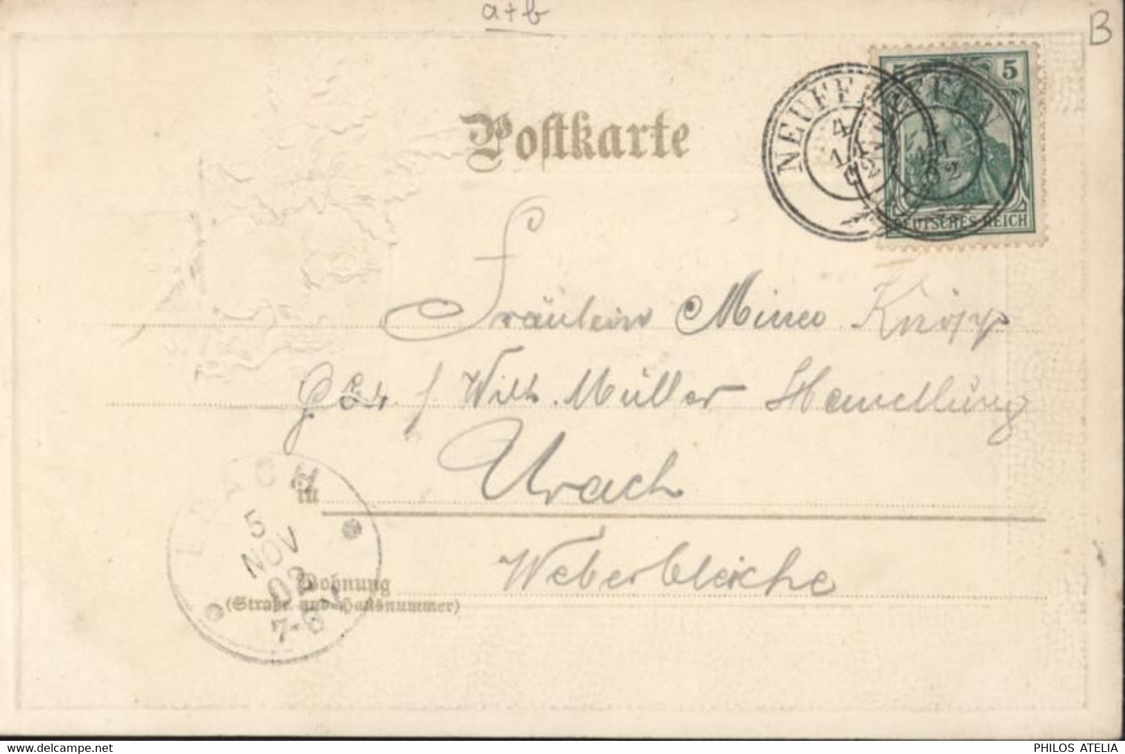 CPA Carte Gauffrée Gruss Vom Neuffen Armoiries YT Germania N°83 CAD Double Cercle Neuffen 4 11 1902 - Esslingen