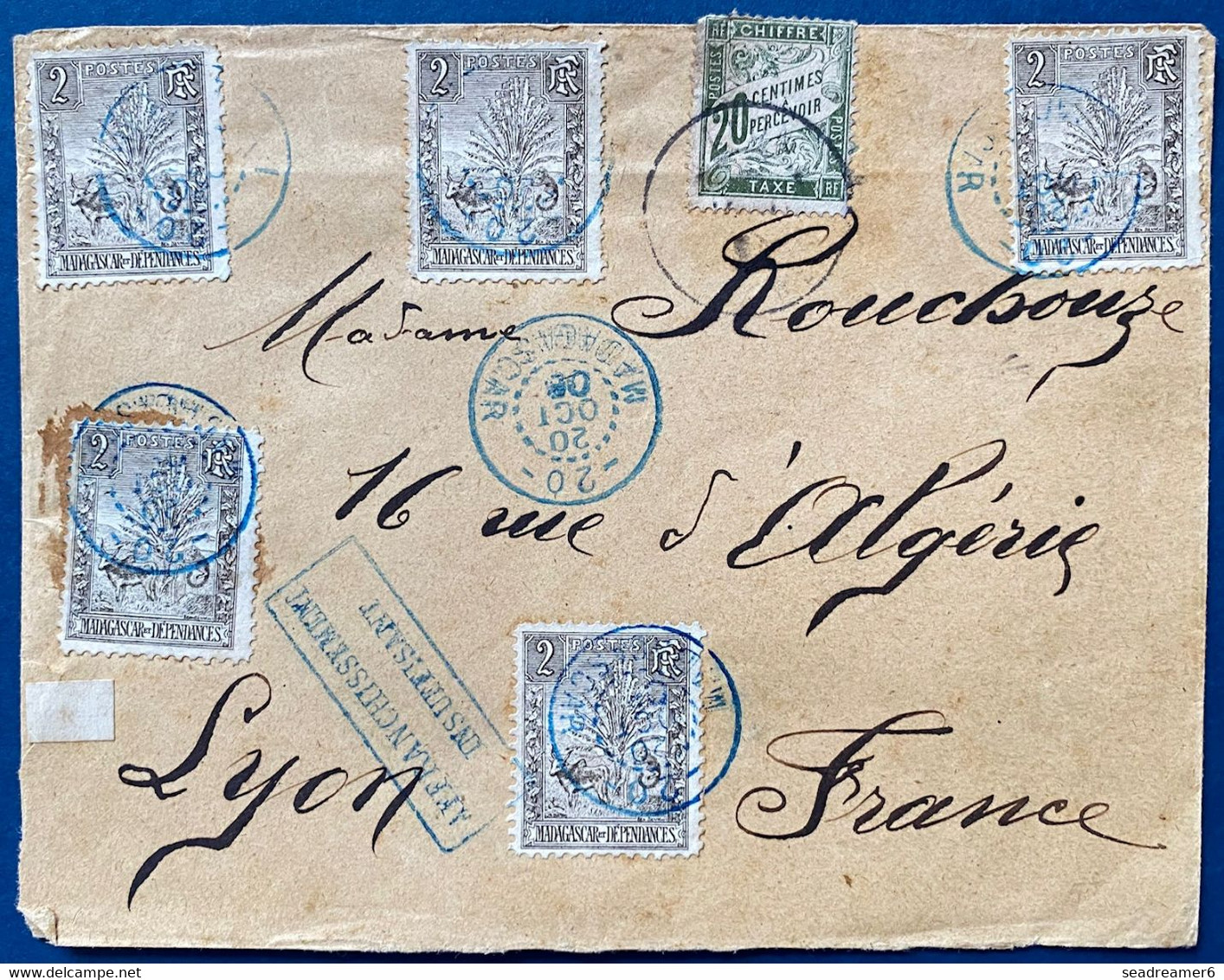 Lettre N°64 X 5 Oblitéré Dateur Ferroviaire " 20 MADAGASCAR 20 " De CAMP D'AMBRE Pour LYON Taxé Duval N°31 - Briefe U. Dokumente