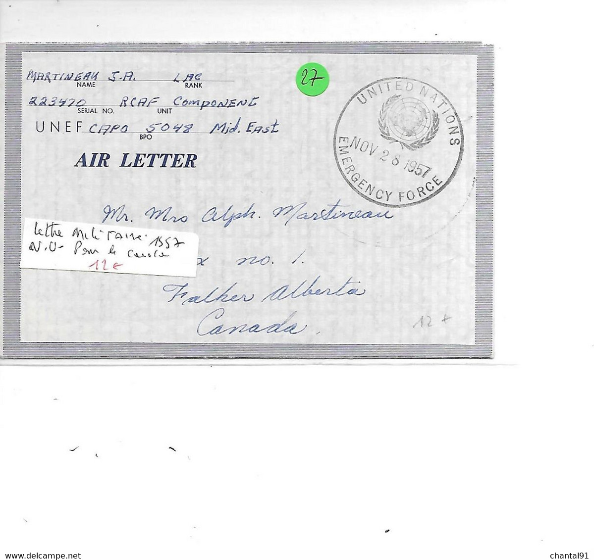 NATIONS UNIES LETTRE MILITAIRE 1957 POUR LA CANADA - Lettres & Documents