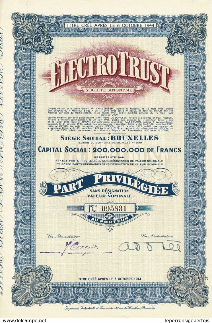 - Titre De 1950 - Electro Trust - - Electricité & Gaz