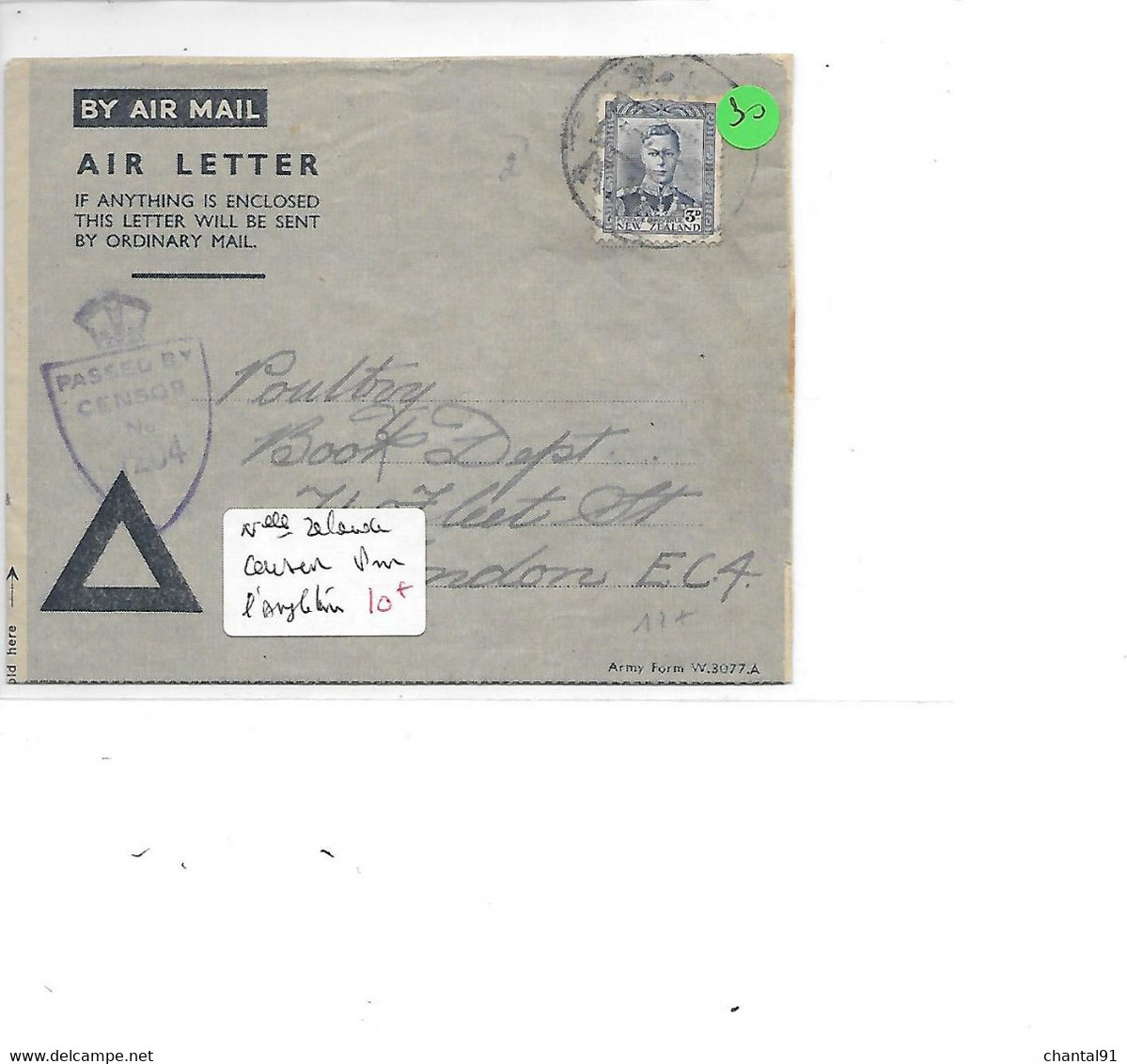 NOUVELLE ZELANDE LETTRE MILITAIRE CENSUREE POUR L'ANGLETERRE - Errors, Freaks & Oddities (EFO)