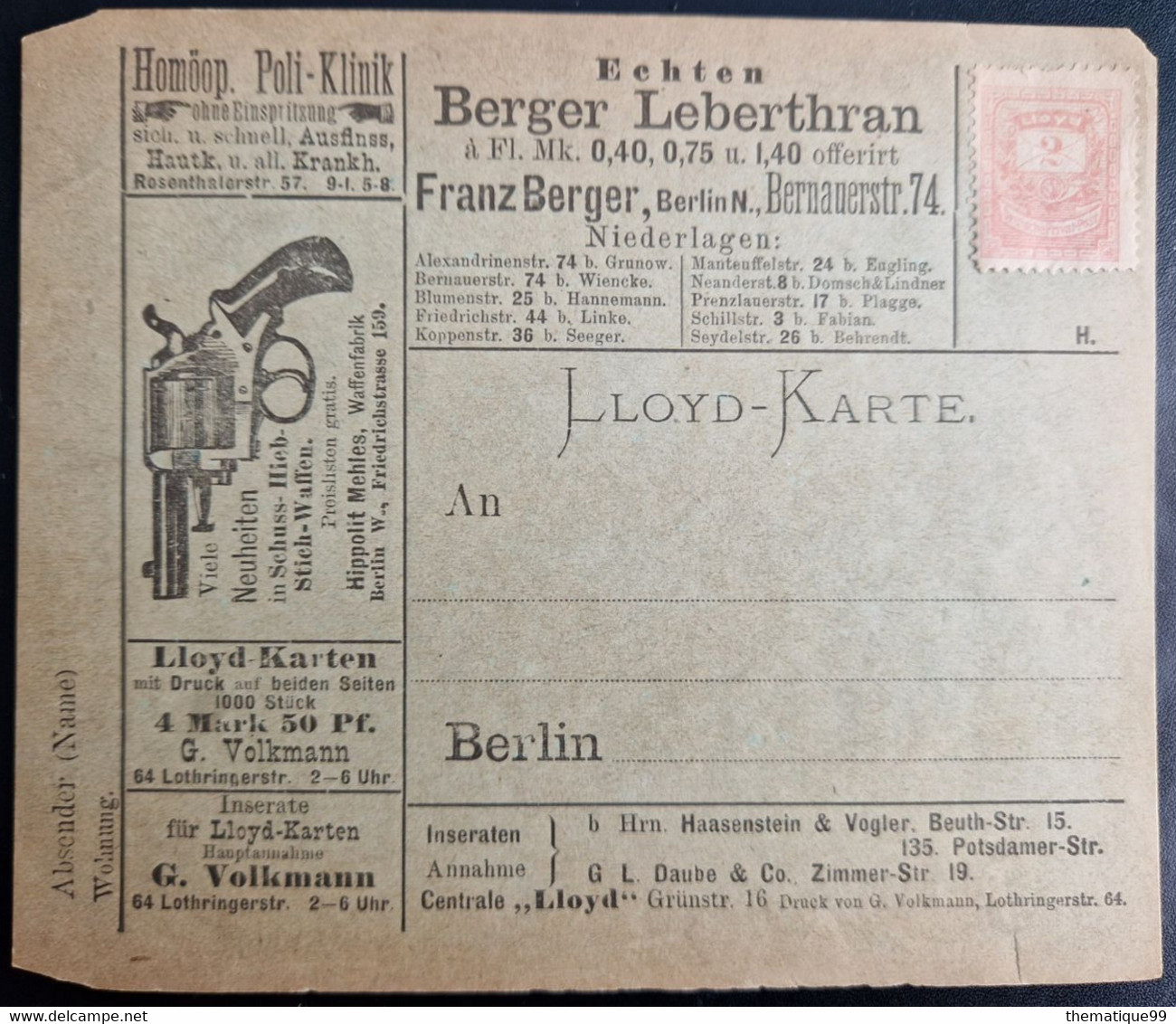 Carte De La Poste Locale Lloyd De Berlin Vendue Avec Affranchissement Et Publicité Pistolet, Médecine - Police - Gendarmerie