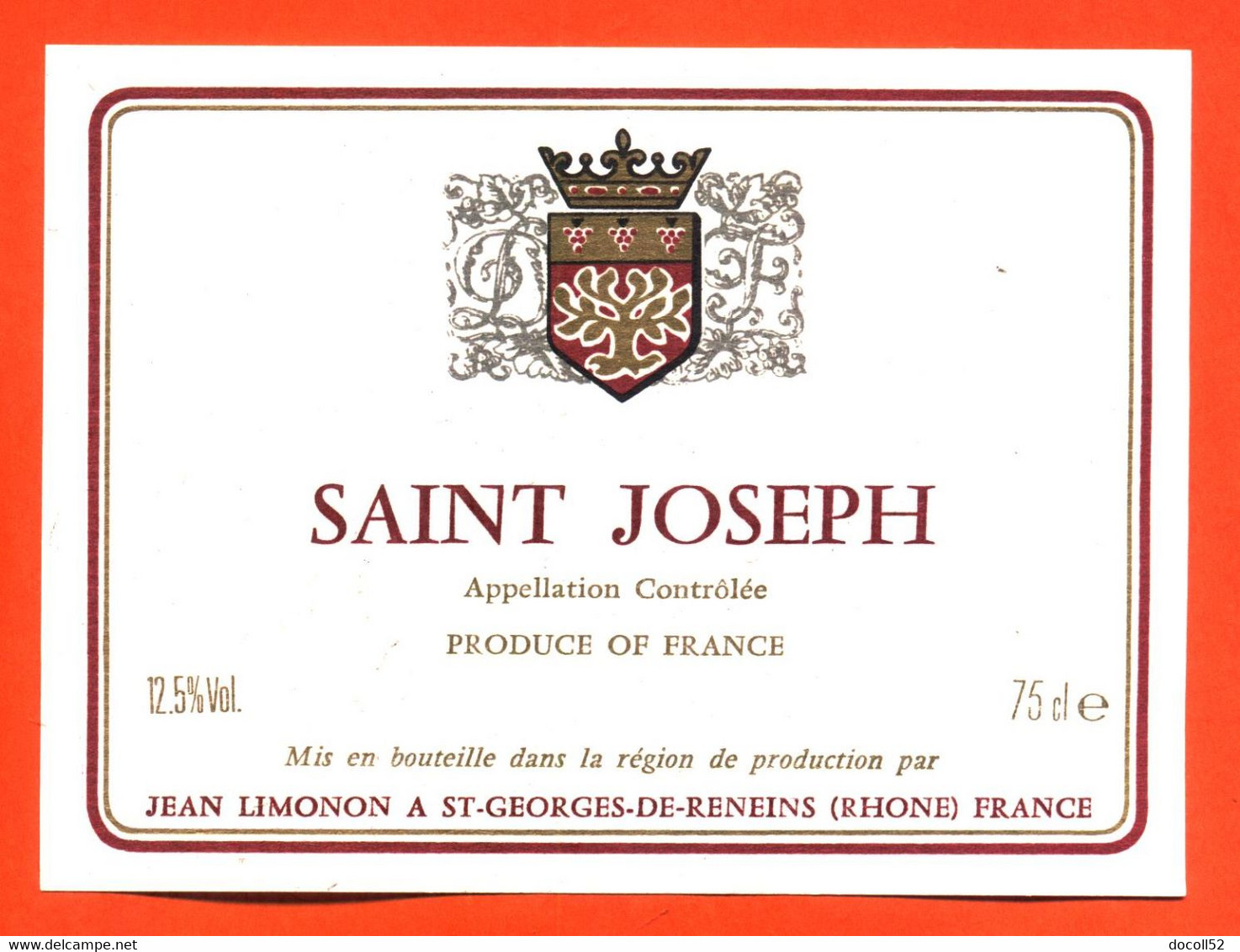Etiquette Neuve De Vin De Saint Joseph Jean Limonon à Saint Georges De Reneins - 75 Cl - Vin De Pays D'Oc