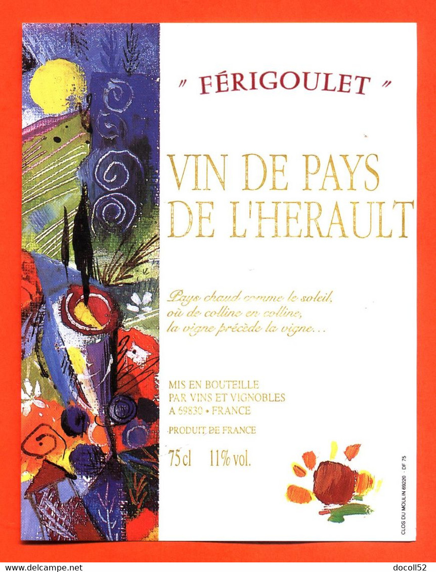 Etiquette Neuve De Vin De Pays De L'herault Férigoulet  - 75 Cl - Vin De Pays D'Oc