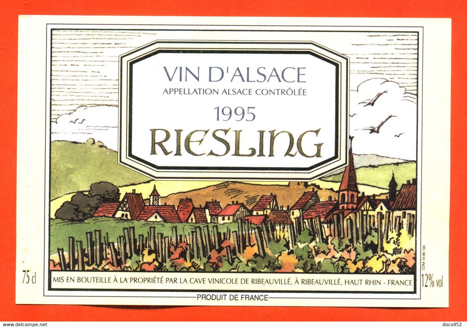 Etiquette Neuve De Vin D'alsace Riesling 1995 Caves à Ribeauvillé - 75 Cl - Riesling