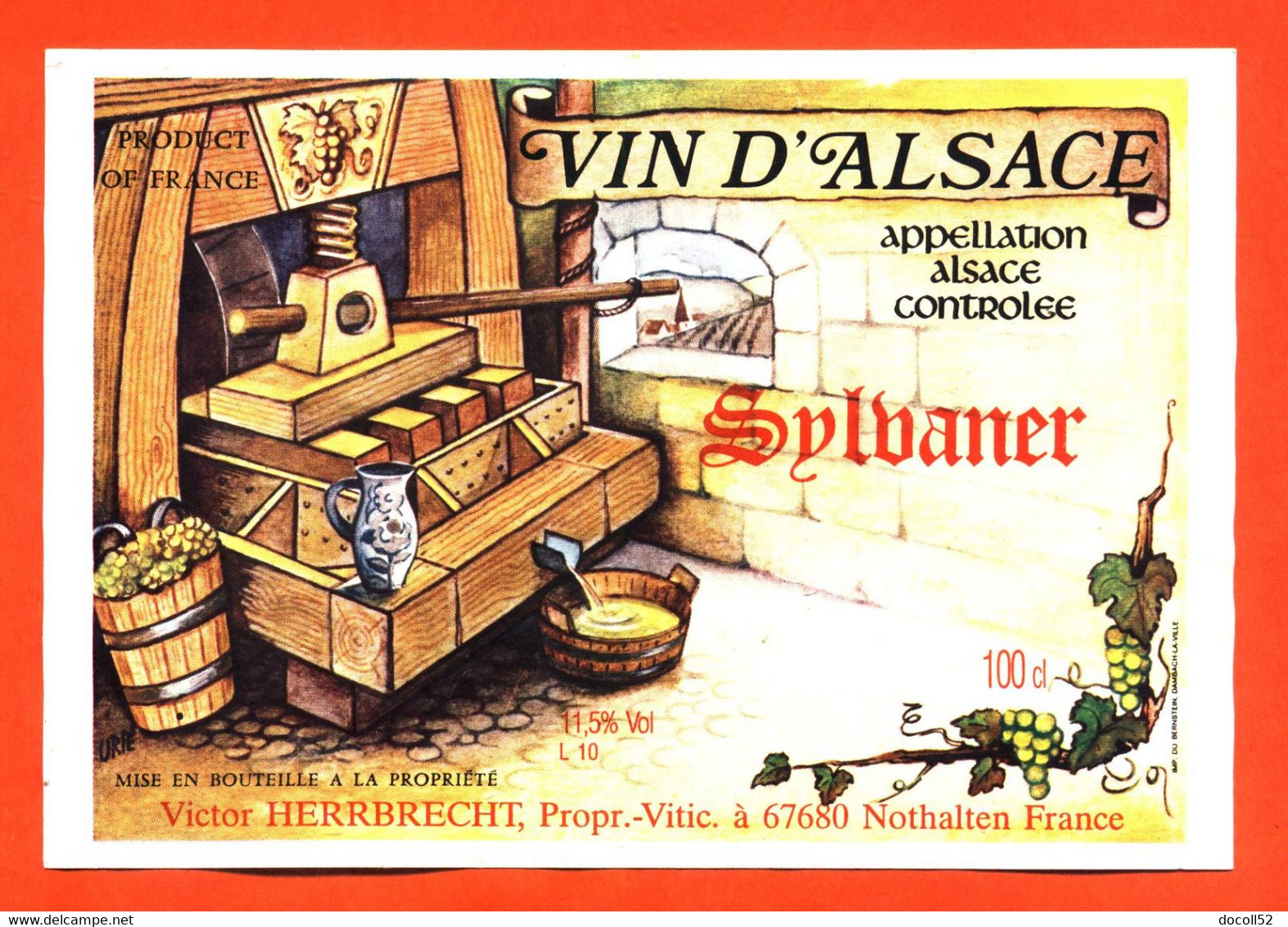 Etiquette Neuve De Vin D'alsace Sylvaner Victor Herrbrecht à Nothalten - 100 Cl - Vin De Pays D'Oc