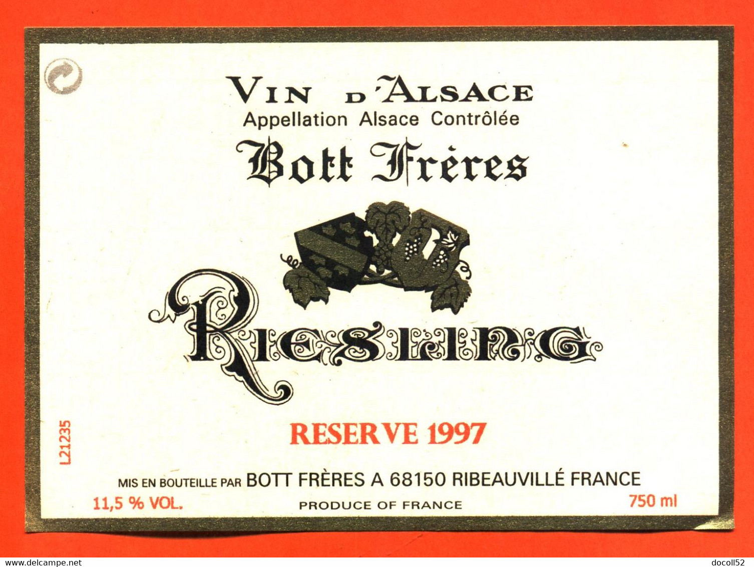 Etiquette Neuve De Vin D'alsace Riesling Réserve 1997 Bott Frères à Ribeauvillé - 75 Cl - Riesling