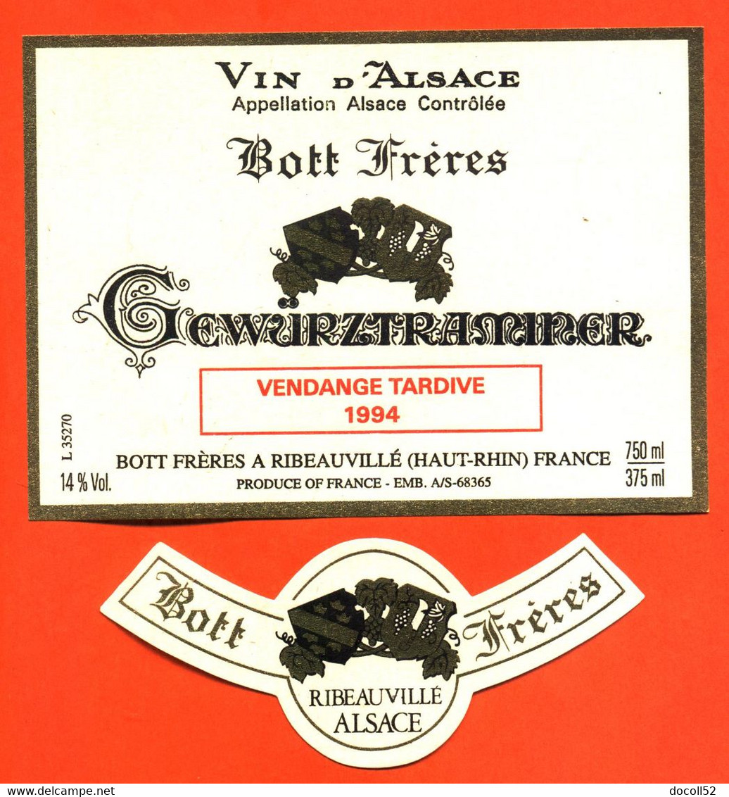 Etiquette + Collerette Neuve De Vin D'alsace Gewurztraminer Vendange Tardive 1994 Bott Frères à Ribeauvillé - 75 Cl - Gewürztraminer