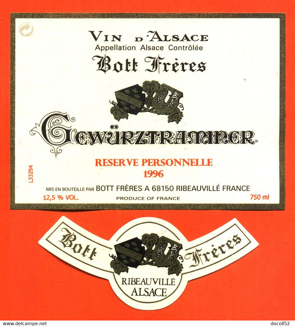 Etiquette + Collerette Neuve De Vin D'alsace Gewurztraminer Réserve Personnelle 1996 Bott Frères à Ribeauvillé - 75 Cl - Gewürztraminer