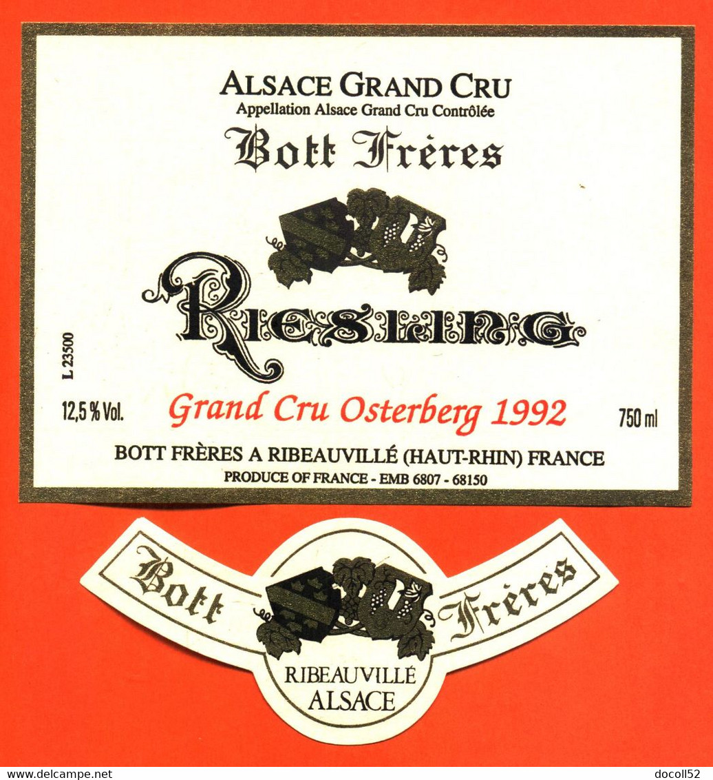 Etiquette + Collerette Neuve De Vin D'alsace Riesling Grand Cru Osterberg 1992 Bott Frères à Ribeauvillé - 75 Cl - Riesling