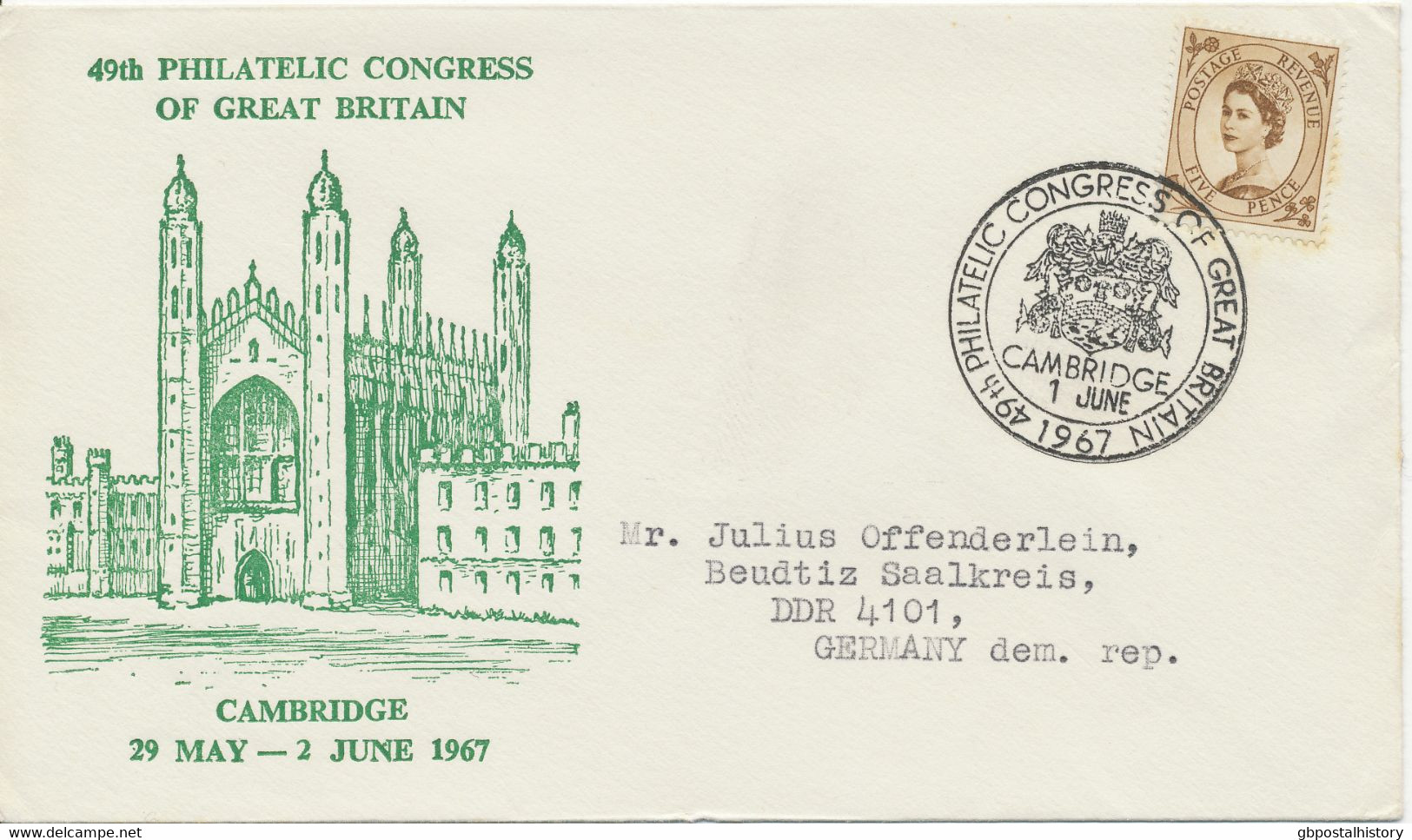 GB SPECIAL EVENT POSTMARKS PHILATELY 1967 49th Philatelic Congress Of Great Britain Cambridge Addressed To GDR! - Storia Postale