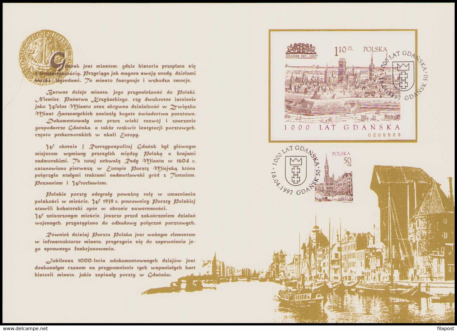 Poland 1997 Folder / Gdansk, City, Town Hall, Architecture, Block Perforated + Stamp With Commemorative Cancellations - Libretti