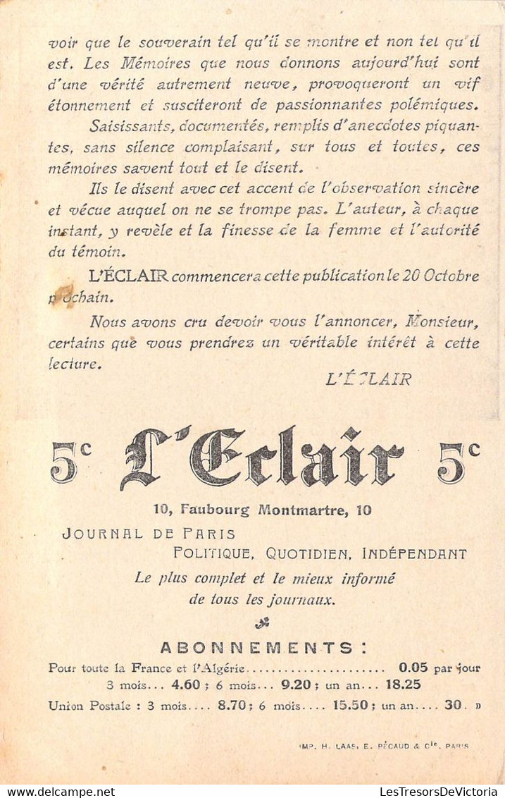 CPA Thème - Politique - Guillaume II Et L'Impératrice - Impr. H. Laas - E. Pécaud & Cie - L'Eclair Abonnement Au Journal - People