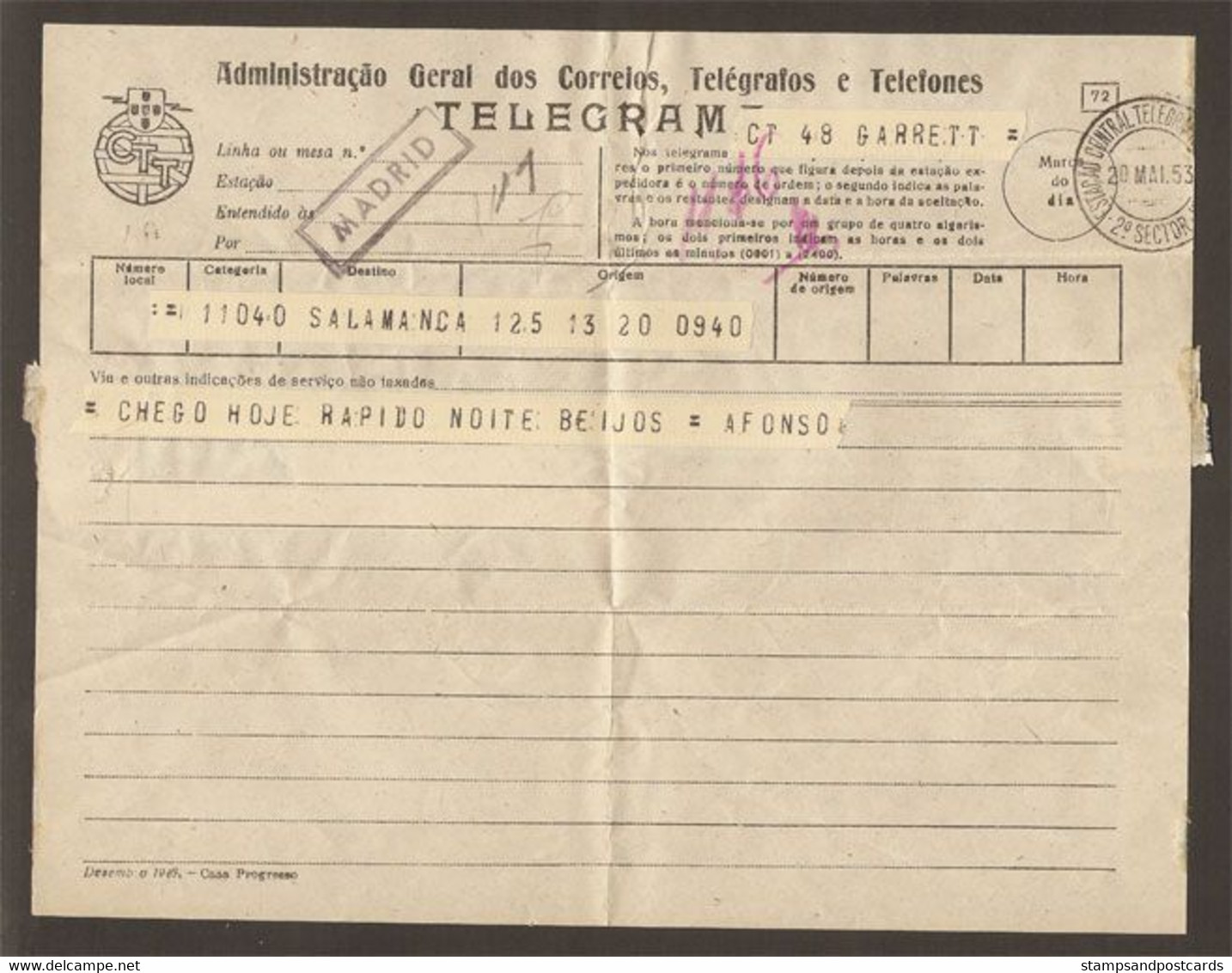 Portugal Télégramme 1953 Cachet Madrid Espagne Telegram Portugal 1953 Mark Madrid Spain - Brieven En Documenten