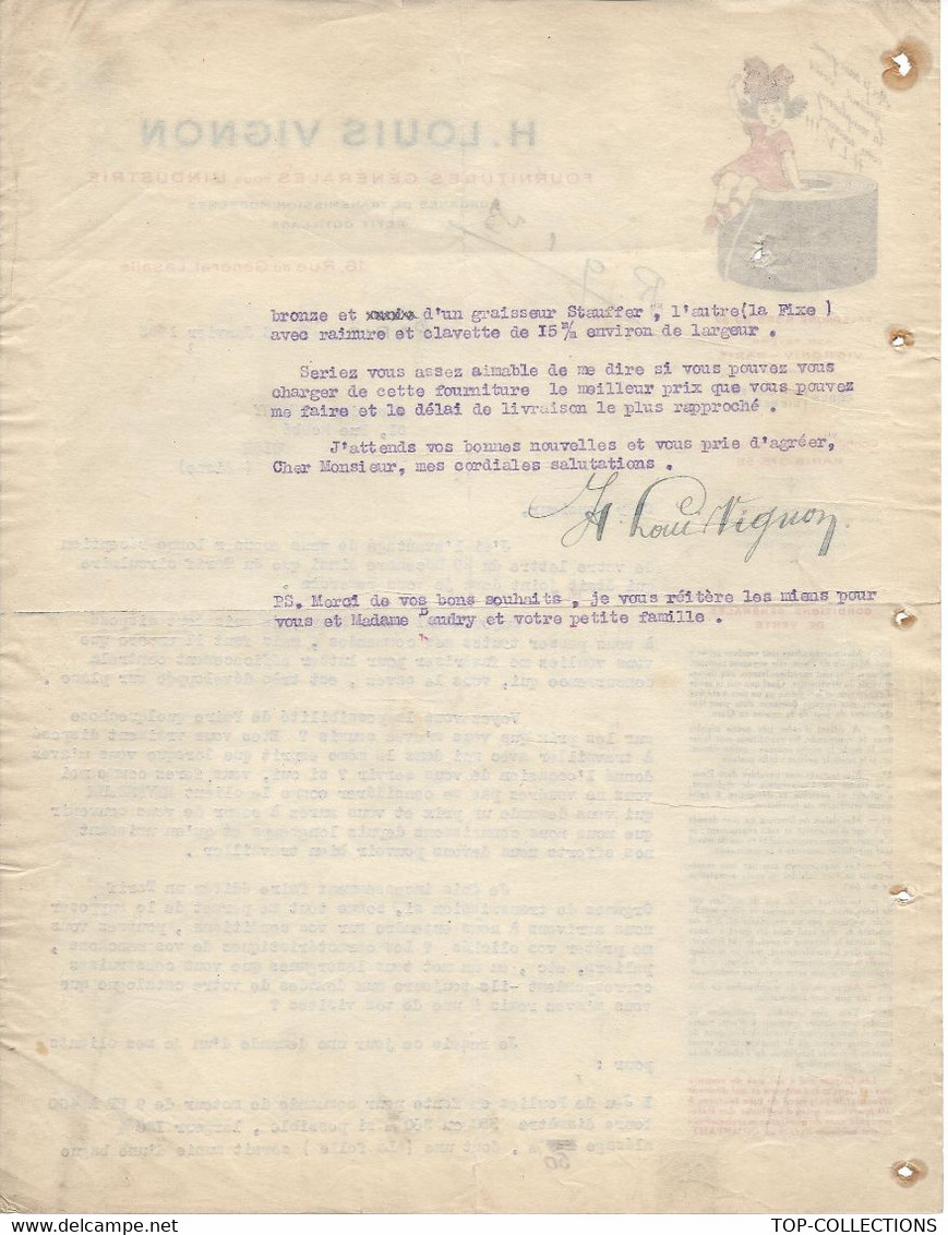 1923 PARIS FOURNITURES INDUSTRIE H.LOUIS VIGNON ENTETE Pour Baudry à Guise (Aisne) V.SCANS - 1900 – 1949