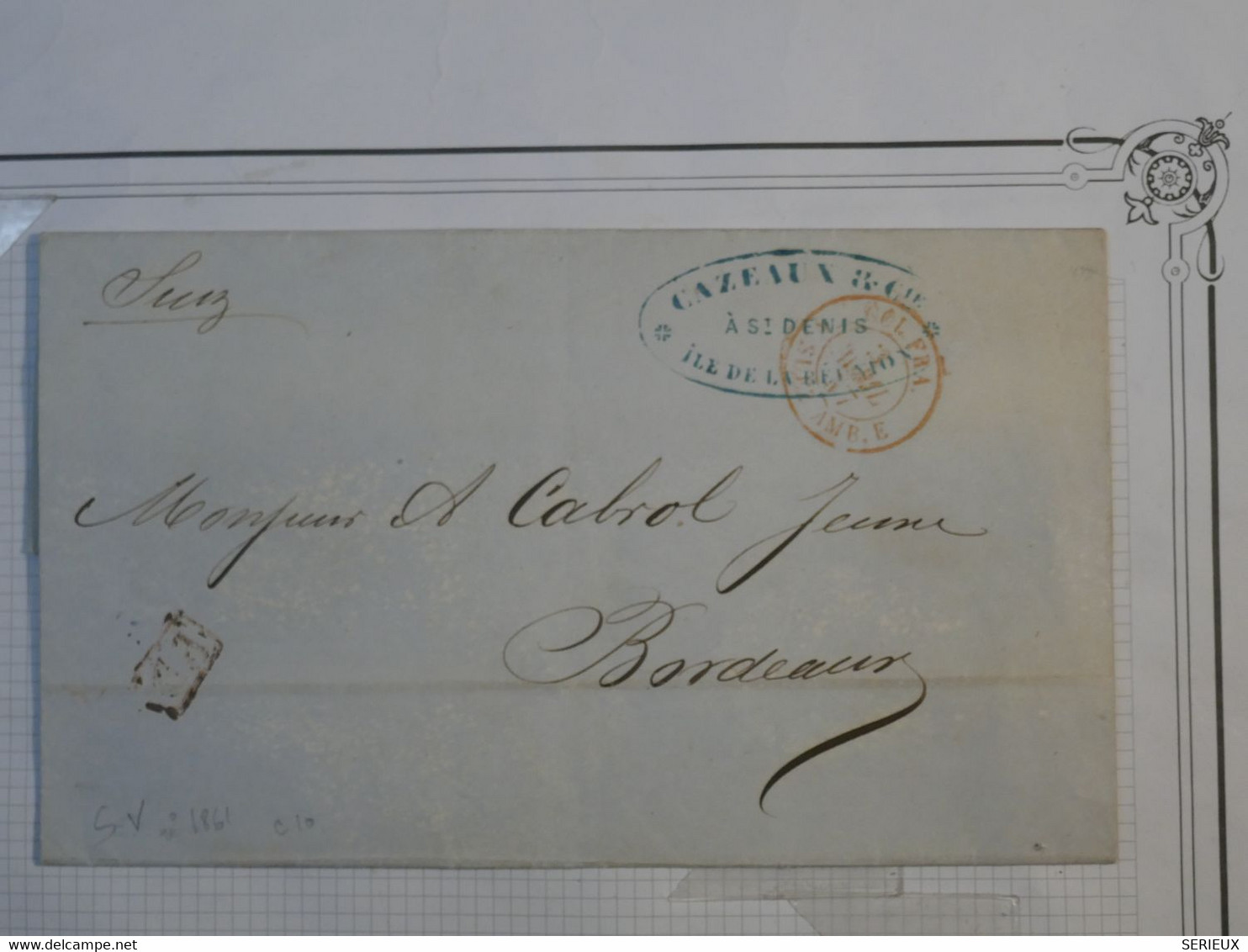 BK 17 ILE DE LA REUNION COLONIE   BELLE LETTRE RARE 1857 ST DENIS A BORDEAUX FRANCE  VIA SUEZ  ++ AFFRANCH.  PLAISANT - Briefe U. Dokumente