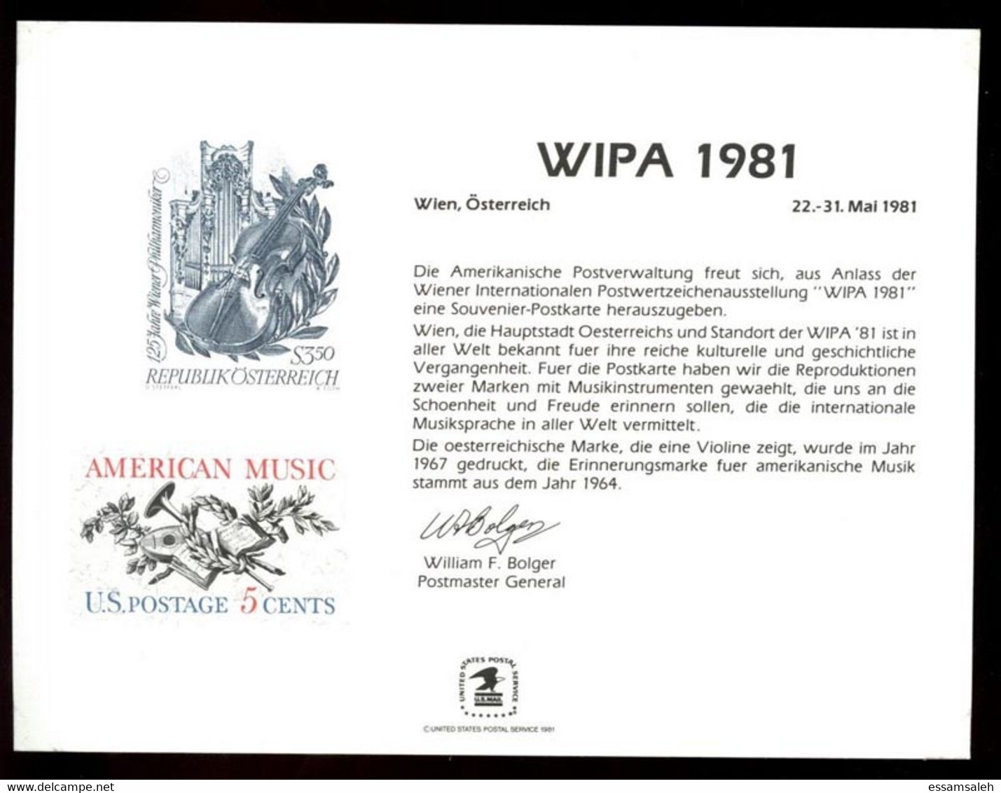 USⓈ31101 USA / Austria 1981 Souvenir Card - FDI - WIPA 1981 - Cartes Souvenir