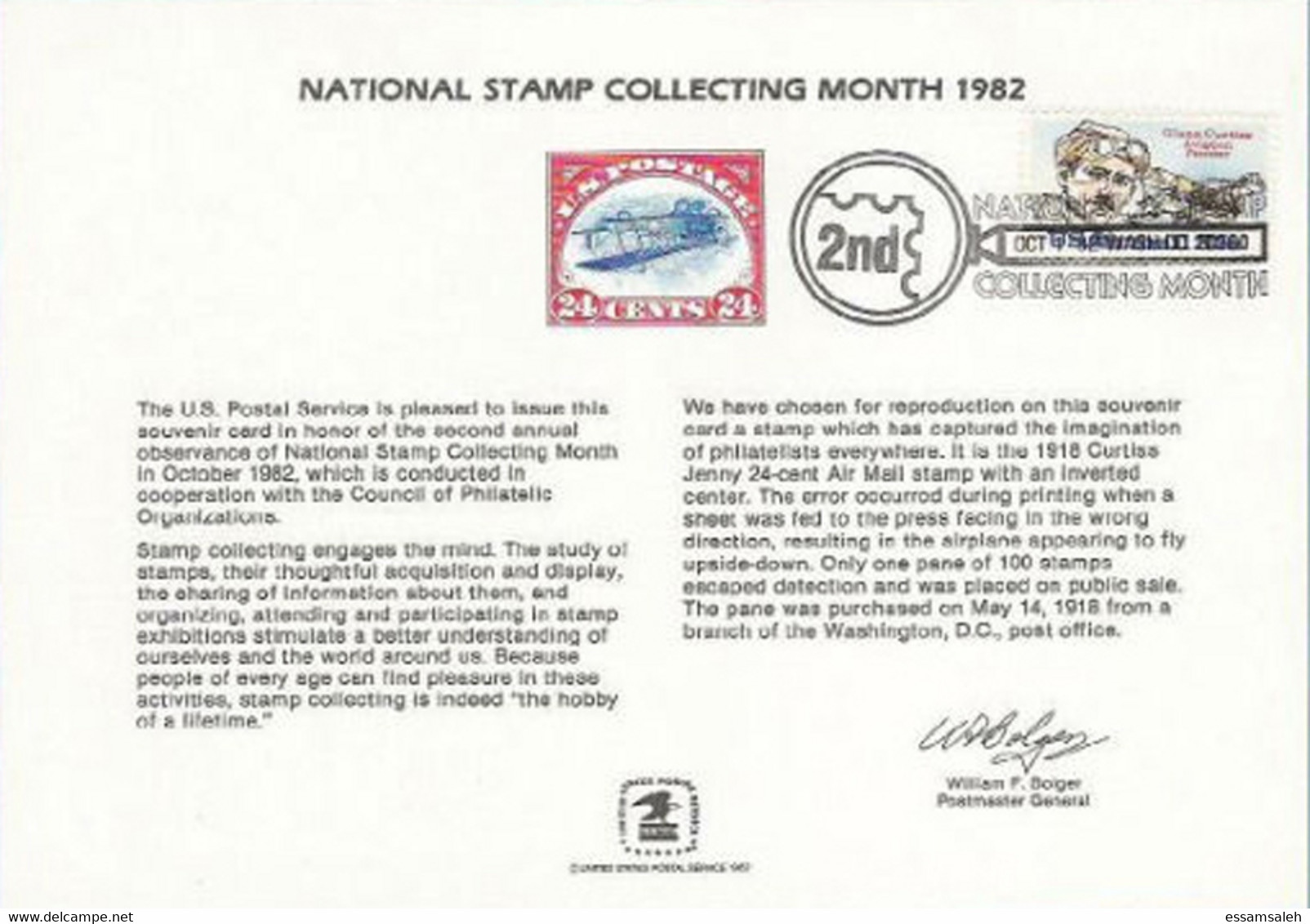 USⓈ31102 USA 1982 Souvenir Card - FDI National Stamp Collecting Month + Glen Curtiss - Recordatorios