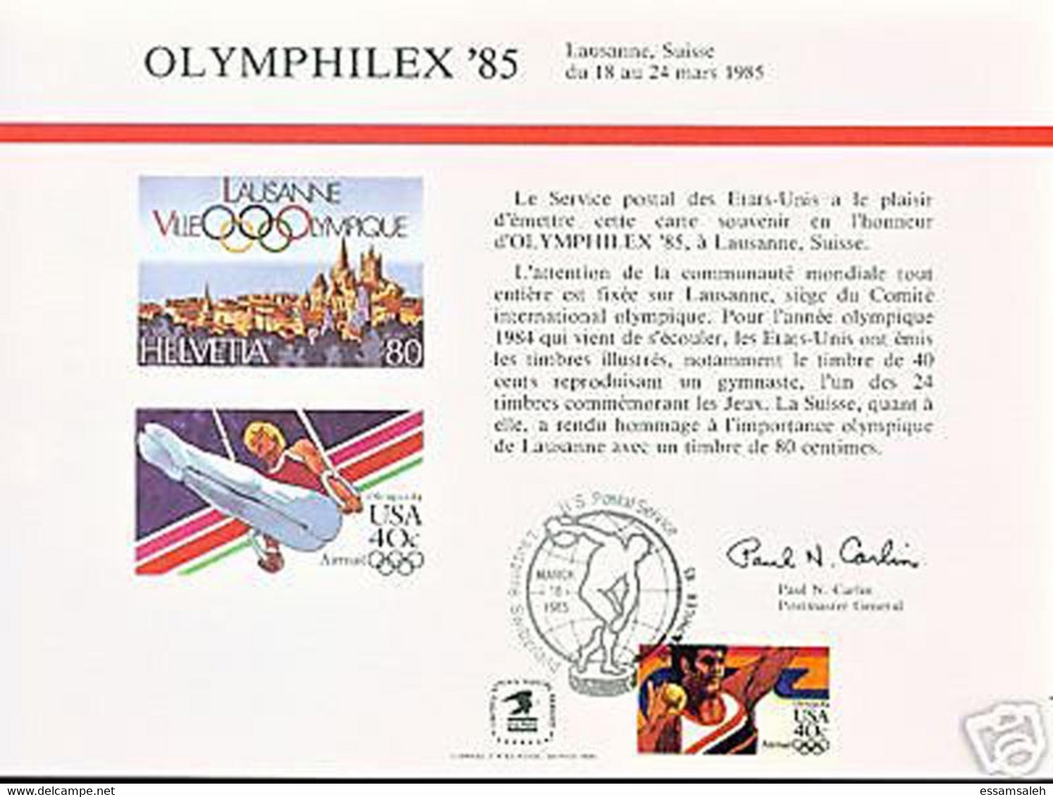 USⓈ31106 USA 1985 Souvenir Card - FDI Lausanne OLYMPHILEX'85 - Cartes Souvenir