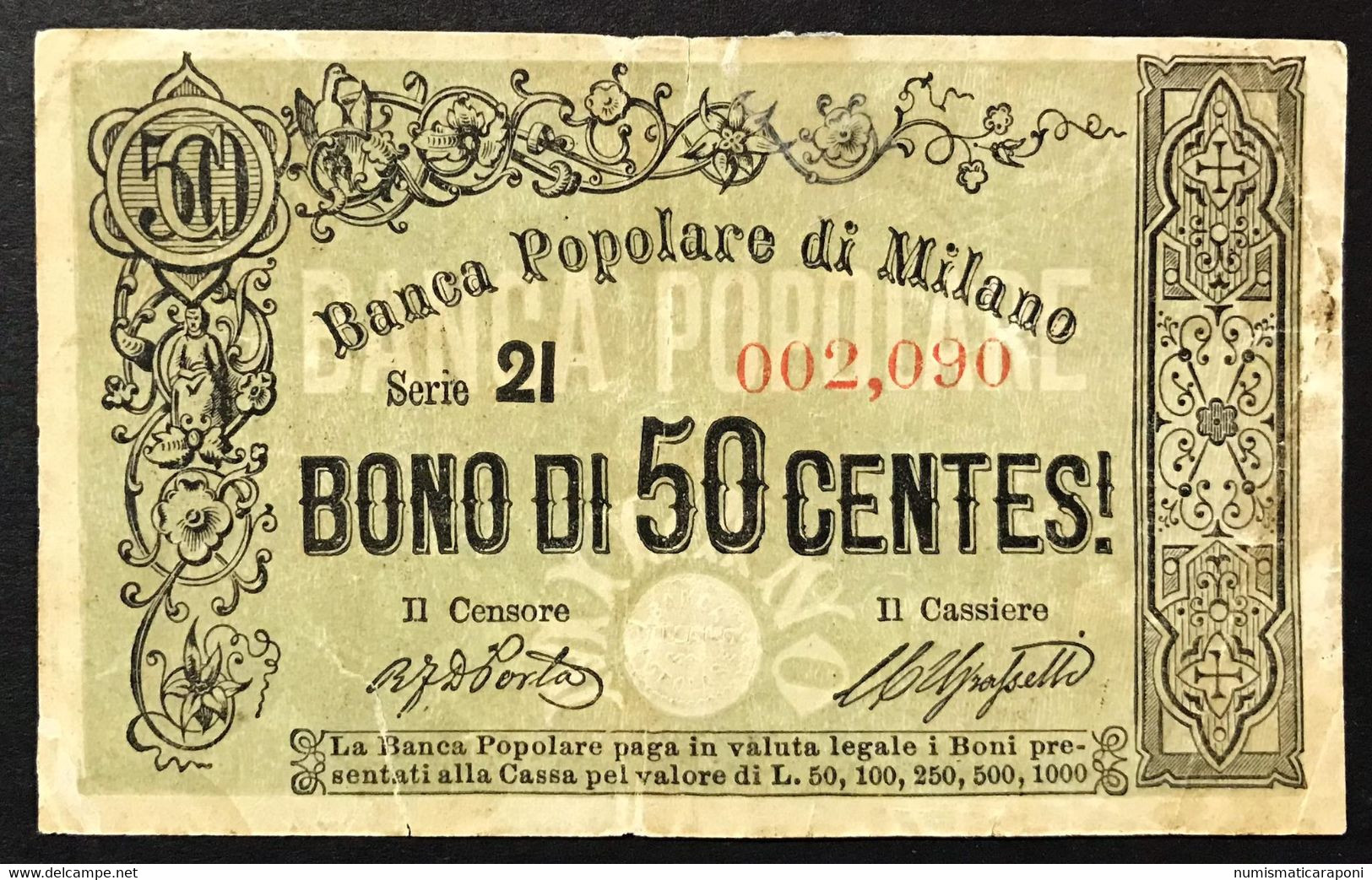 Banca Popolare Di Milano 50 Cent Biglietto Fiduciario Gav.06.0523.3 Mb+ Naturale R3 RRR Taglietto E Nastro LOTTO 4273 - Sonstige & Ohne Zuordnung