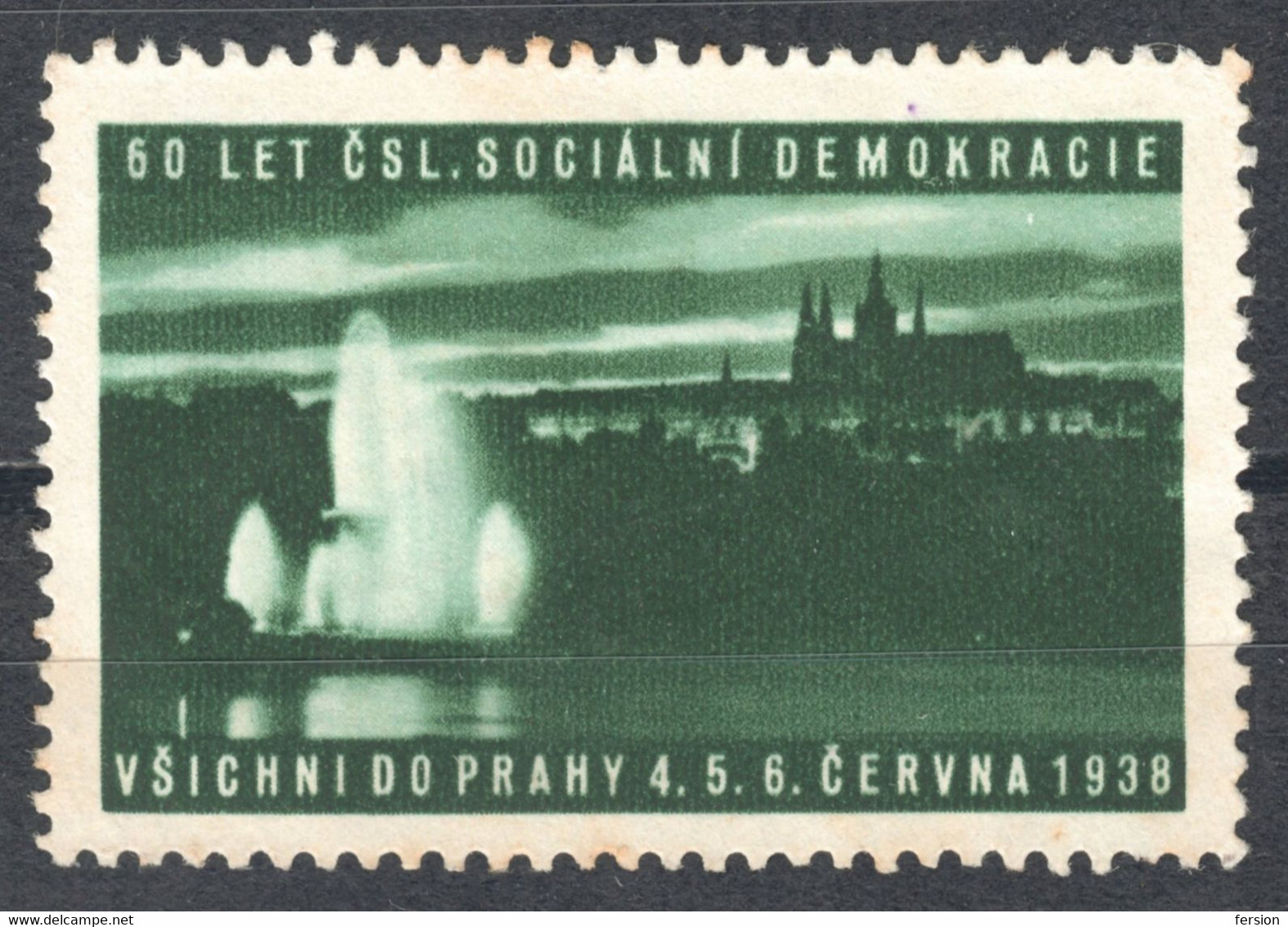 Prague Fountain SOCIAL DEMOCRATIC PARTY Anniv. 1938 Czechoslovakia LABEL CINDERELLA VIGNETTE Church Castle - Other & Unclassified