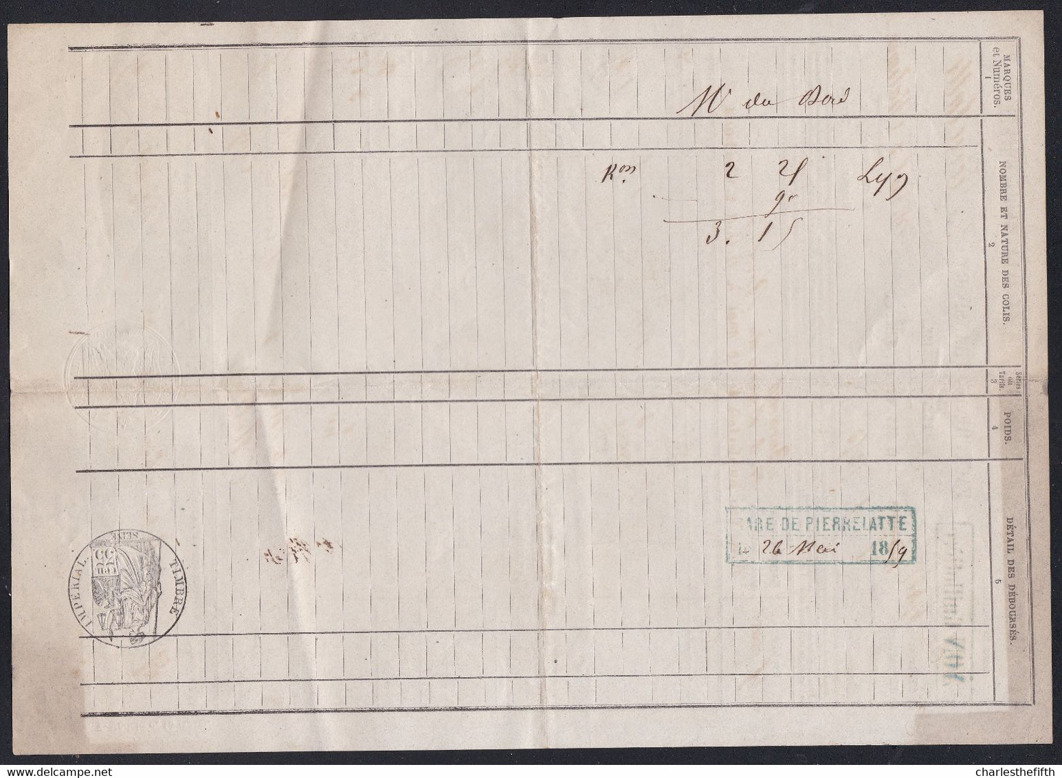 FACTURE DE TRANSPORT 1859 - GRIFFE LYON GUILLOTIERE - VERS LE BARON DU BORD Par PIERRELATTE Vers St PAUL 3 CHATEAUX - Andere & Zonder Classificatie