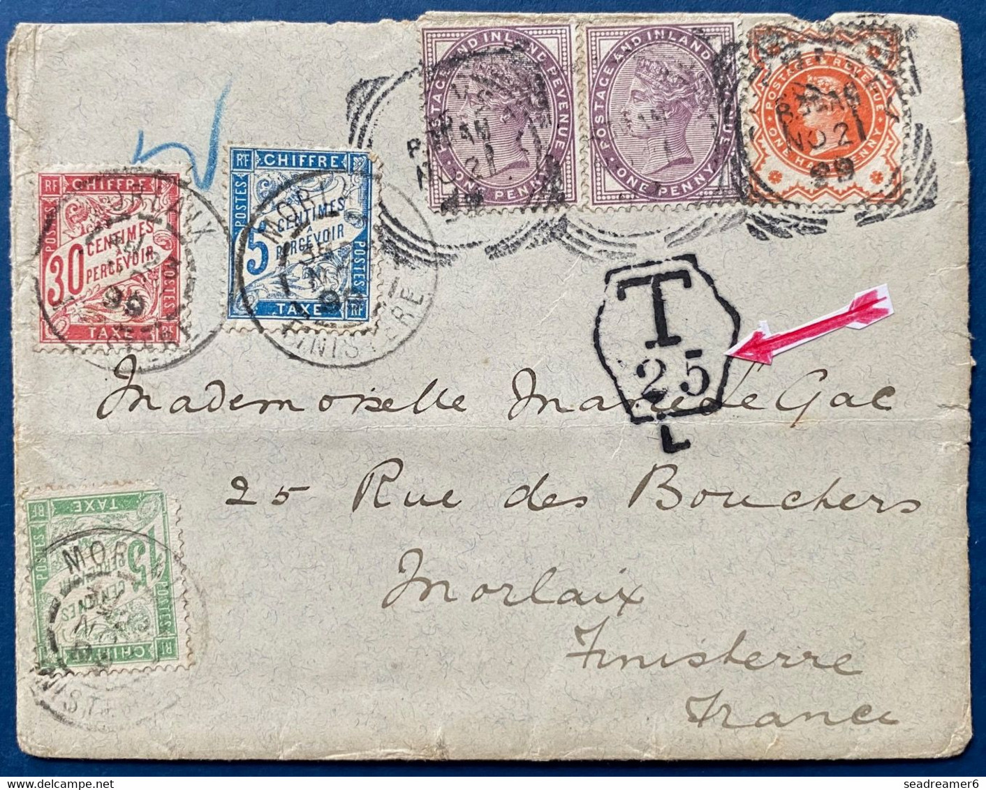 Grande Bretagne Lettre Nov 1899 N°73 X2 & 91 Taxe Anglaise 25, Pour Morlaix Taxée En Arrivée Tricolore Taxe Duval TTB - Storia Postale