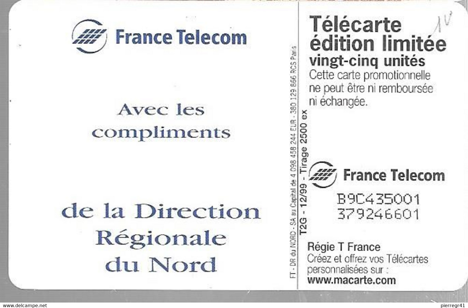 CARTE-PRIVEE-25U-HN 137-GEM2-12/99-FT-DIRECTION NORD-Utilisé--TBE - 25 Units