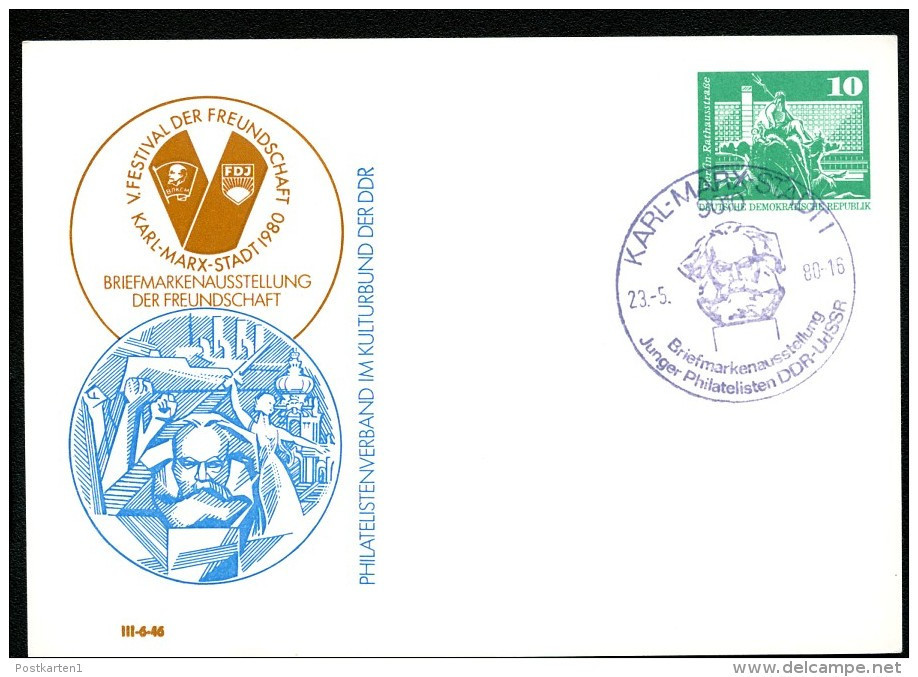 KARL-MARX-Denkmal Chemnitz DDR PP16 C2/015 Privat-Postkarte Sost.1980  NGK 4,00 € - Karl Marx