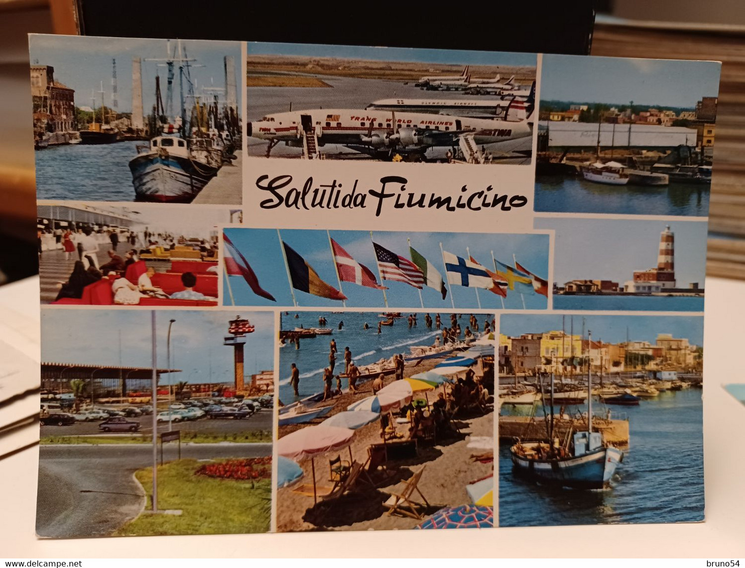 Cartolina Saluti Da Fiumicino, Vedutine, Aeroporto, Porto,spiaggia  1968 - Trasporti