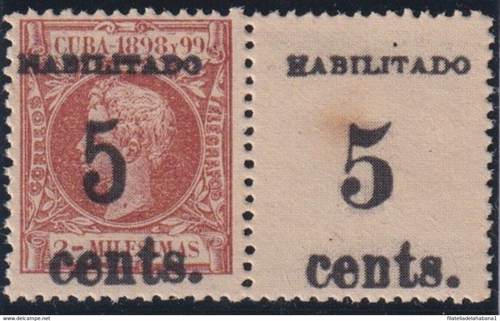 1899-608 CUBA 1899 US OCCUPATION. FORGERY PUERTO PRINCIPE. 2º ISSUE. 5c S. 5 Mls. PAIR NORMAL + SMALL NUMBER. - Ongebruikt