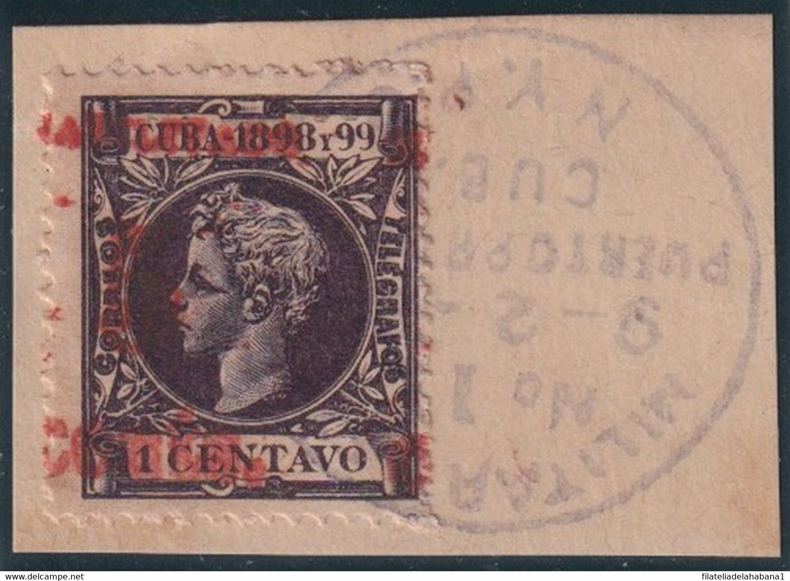 1899-611 CUBA 1899 US OCCUPATION FORGERY PUERTO PRINCIPE. 4º ISSUE. 5c S. 1c. USED IN  FRAGMENT. MILITAR ESTATION CANCEL - Used Stamps