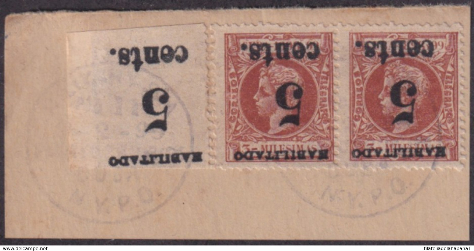1899-623 CUBA 1899 US OCCUPATION FORGERY PUERTO PRINCIPE 2º ISSUE 5c S. 3ml. INVERTED IN FRAGMENT MILITAR ESTATION - Oblitérés
