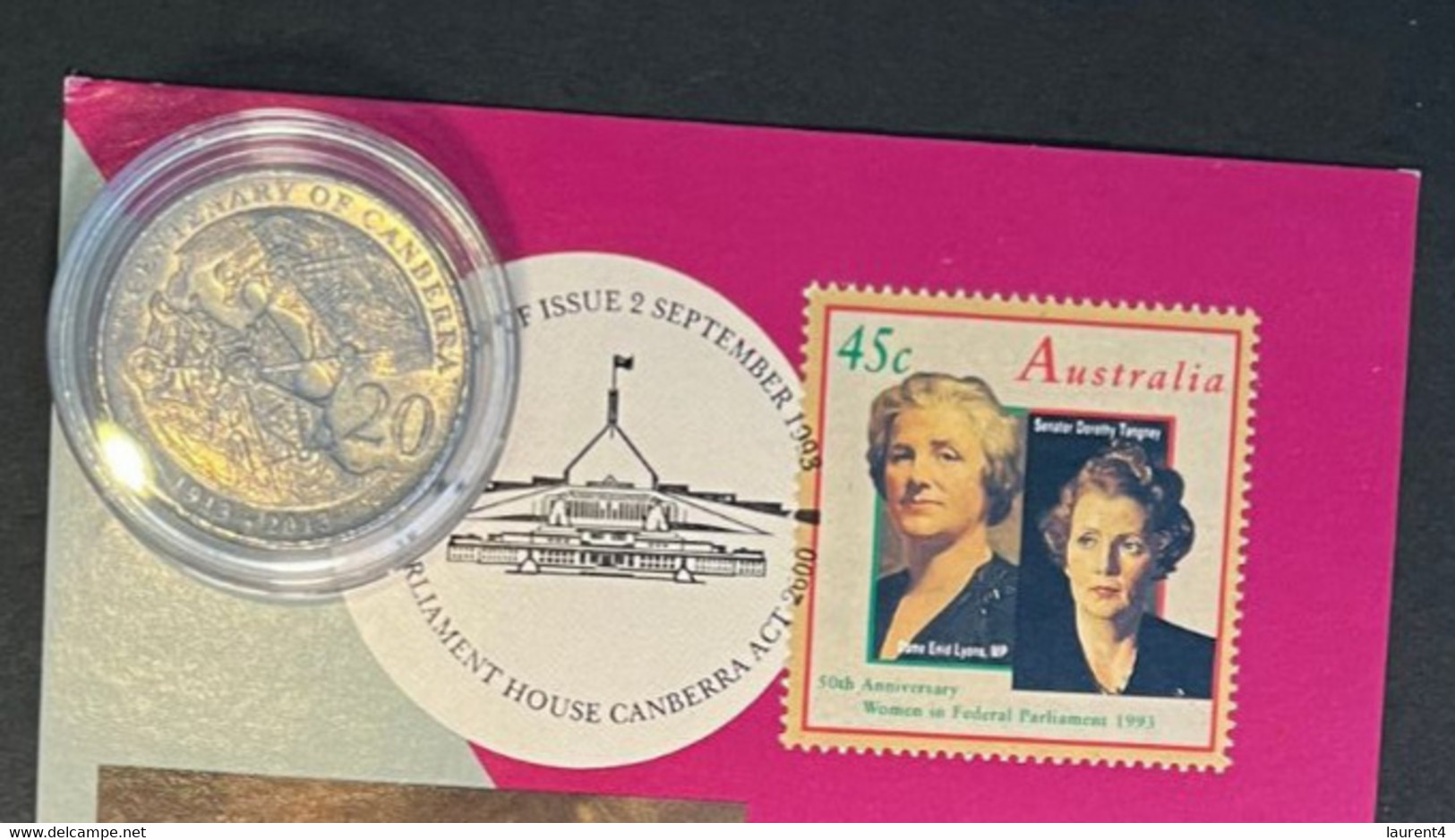 (2 N 39 A) ACT - Canberra Parliament House 1st Women - 1993 Maxicard With 2013 Canberra Centenary 20 Cent Coin - Dollar