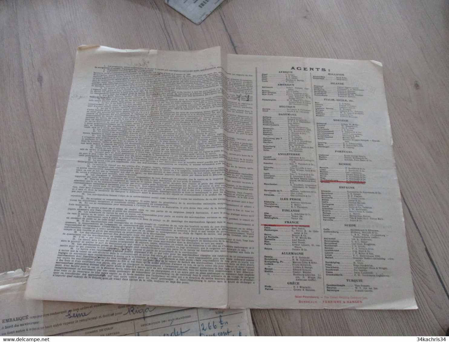 Connaissement Det Forende Dampskibs Selskab Libau Riga Reval Windau Heyl Bordeaux à Riga 1907 Capres - Transports